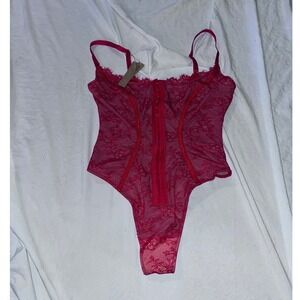 SHAPELLX Red Lace Corset Bodysuit Thong Front Hook Closure Adjustable Straps